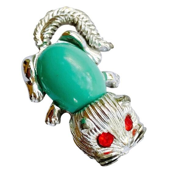 VTG 60s Quirky Cat Brooch Red Eyes Teal Belly Mid Century Figural Shoulder Pin - Picture 1 of 12